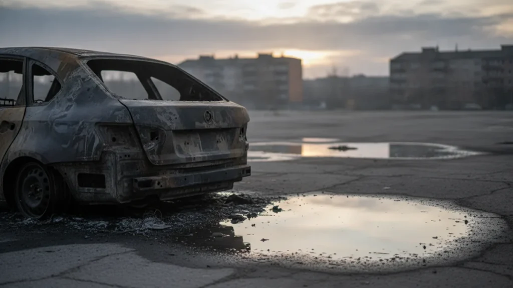 Сгоревший автомобиль во дворе после пожара